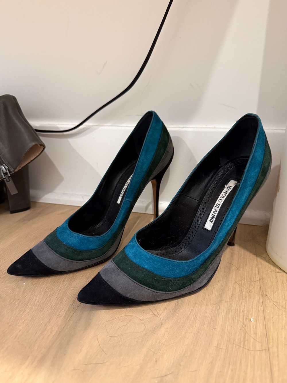 Manolo Blahnik Teal, Forest Green, Gray & Black Suede Pointed-Toe Pumps